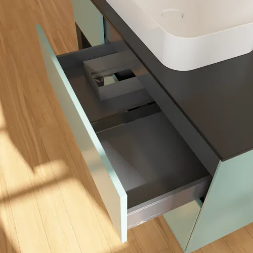 VILLEROY BOCH Toaletní skříňka Finion, s osvětlením, 3 výsuvy, 1200 x 603 x 501 mm, olivový matný lak / černý matný lak / černé matné sklo #F702PDGM, obrázek 5