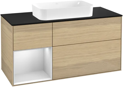 VILLEROY BOCH Toaletní skříňka Finion, s osvětlením, 3 výsuvy, 1200 x 603 x 501 mm, dubová dýha / bílý matný lak / černé matné sklo #F702MTPC