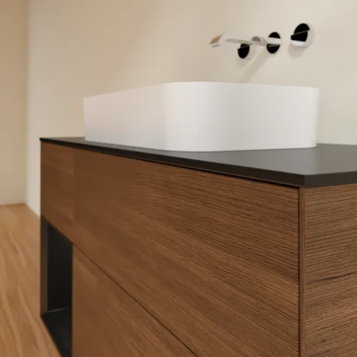 VILLEROY BOCH Toaletní skříňka Finion, s osvětlením, 3 výsuvy, 1200 x 603 x 501 mm, ořechová dýha / černý matný lak / černé matné sklo #F702PDGN, obrázek 4