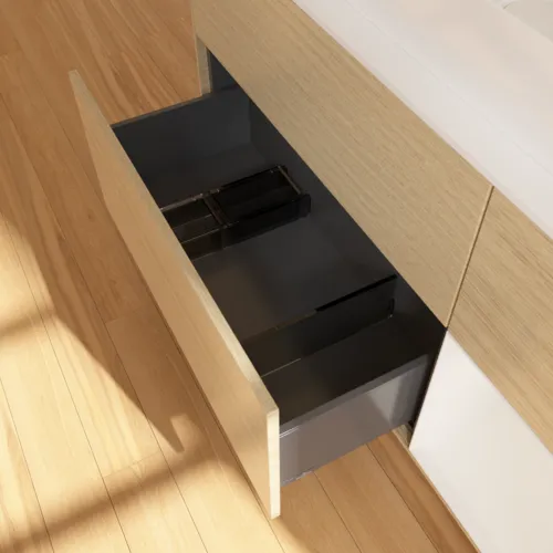 VILLEROY BOCH Toaletní skříňka Finion, s osvětlením, 3 výsuvy, 1200 x 603 x 501 mm, dubová dýha / lesklý bílý lak / sklo bílé matné #F711GFPC, obrázek 6