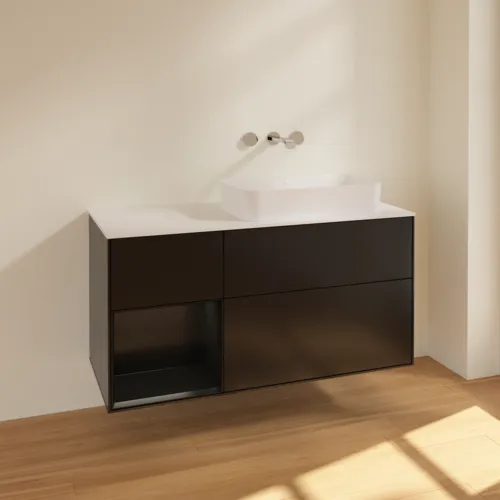 VILLEROY BOCH Toaletní skříňka Finion, s osvětlením, 3 výsuvy, 1200 x 603 x 501 mm, černý matný lak / černý matný lak / sklo bílé matné #F681PDPD, obrázek 2