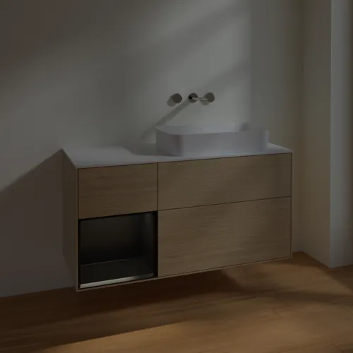 VILLEROY BOCH Toaletní skříňka Finion, s osvětlením, 3 výsuvy, 1200 x 603 x 501 mm, dubová dýha / černý matný lak / bílé matné sklo #F681PDPC, obrázek 2