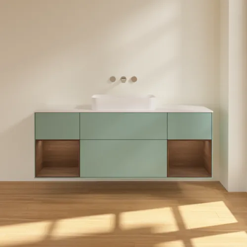 VILLEROY BOCH Toaletní skříňka Finion, s osvětlením, 4 výsuvy, 1600 x 603 x 501 mm, olivově matný lak / ořechová dýha / sklo bílé matné #F741GNGM, obrázek 3