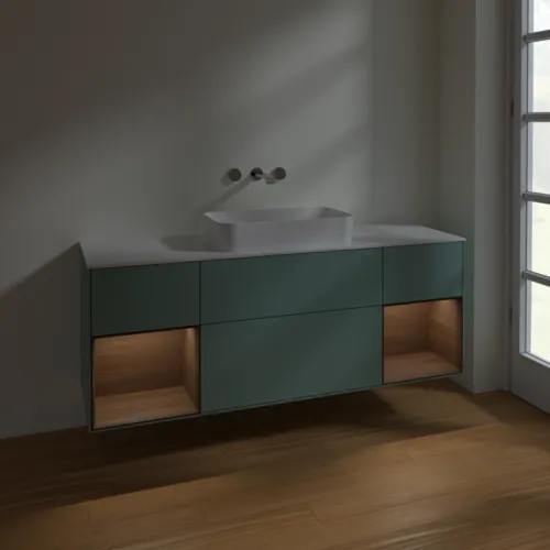 VILLEROY BOCH Toaletní skříňka Finion, s osvětlením, 4 výsuvy, 1600 x 603 x 501 mm, olivově matný lak / ořechová dýha / sklo bílé matné #F741GNGM, obrázek 5
