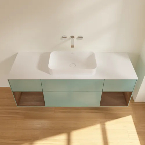 VILLEROY BOCH Toaletní skříňka Finion, s osvětlením, 4 výsuvy, 1600 x 603 x 501 mm, olivově matný lak / ořechová dýha / sklo bílé matné #F741GNGM, obrázek 4