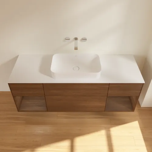 VILLEROY BOCH Toaletní skříňka Finion, s osvětlením, 4 výsuvy, 1600 x 603 x 501 mm, ořechová dýha / ořechová dýha / sklo bílé matné #F741GNGN, obrázek 4