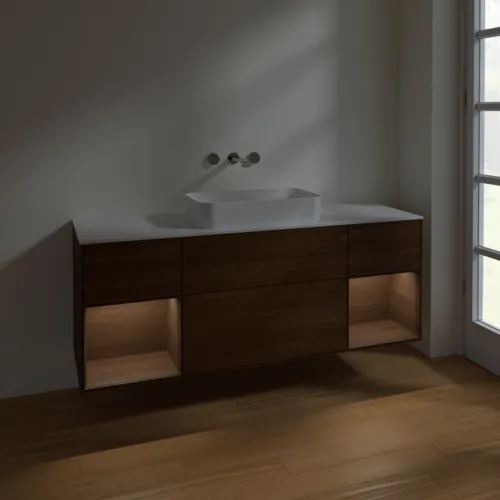 VILLEROY BOCH Toaletní skříňka Finion, s osvětlením, 4 výsuvy, 1600 x 603 x 501 mm, ořechová dýha / ořechová dýha / sklo bílé matné #F741GNGN, obrázek 5