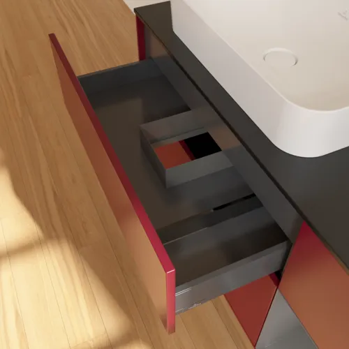 VILLEROY BOCH Toaletní skříňka Finion, s osvětlením, 3 výsuvy, 1200 x 603 x 501 mm, Pivoňka matný lak / Antracit matný lak / Sklo černé matné #F692GKHB, obrázek 5