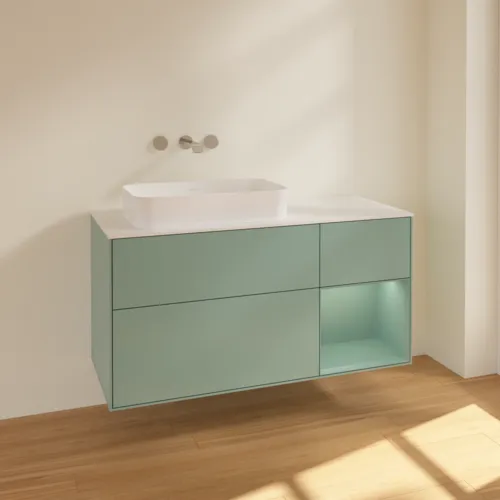 VILLEROY BOCH Toaletní skříňka Finion, s osvětlením, 3 výsuvy, 1200 x 603 x 501 mm, olivově matný lak / olivově matný lak / sklo bílé matné #F691GMGM, obrázek 2