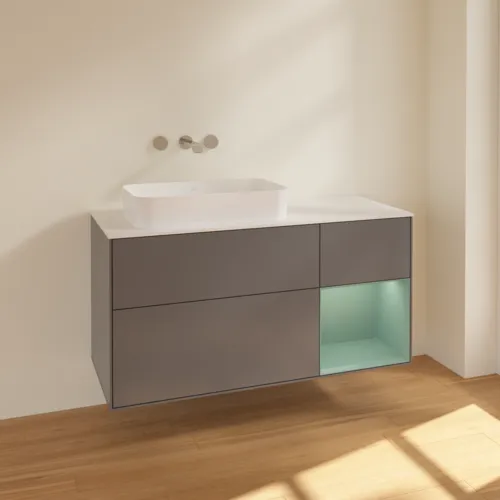 VILLEROY BOCH Toaletní skříňka Finion, s osvětlením, 3 výsuvy, 1200 x 603 x 501 mm, antracitový matný lak / olivový matný lak / bílé matné sklo #F691GMGK, obrázek 2