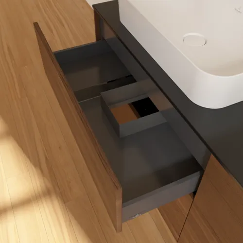 VILLEROY BOCH Toaletní skříňka Finion, 4 výsuvy, 1600 x 603 x 501 mm, ořechová dýha / sklo černé matné #F72200GN, obrázek 3