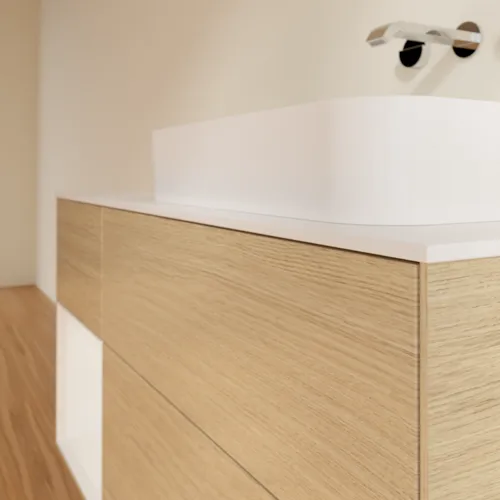 VILLEROY BOCH Toaletní skříňka Finion, s osvětlením, 3 výsuvy, 1200 x 603 x 501 mm, dubová dýha / lesklý bílý lak / sklo bílé matné #F681GFPC, obrázek 3