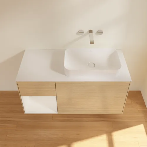 VILLEROY BOCH Toaletní skříňka Finion, s osvětlením, 3 výsuvy, 1200 x 603 x 501 mm, dubová dýha / lesklý bílý lak / sklo bílé matné #F681GFPC, obrázek 2
