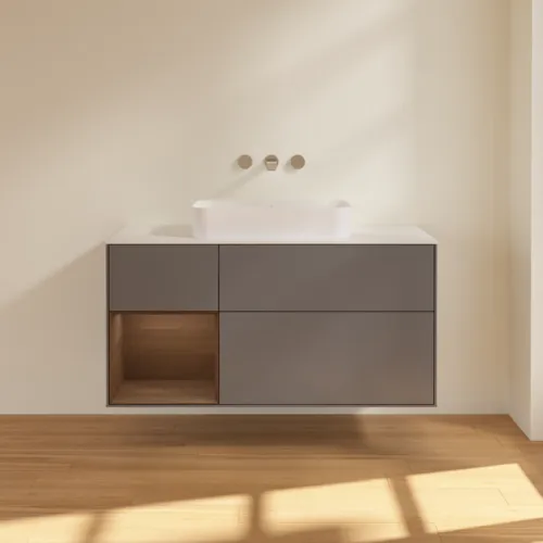 VILLEROY BOCH Toaletní skříňka Finion, s osvětlením, 3 výsuvy, 1200 x 603 x 501 mm, antracit matný lak / ořechová dýha / sklo bílé matné #F701GNGK, obrázek 2