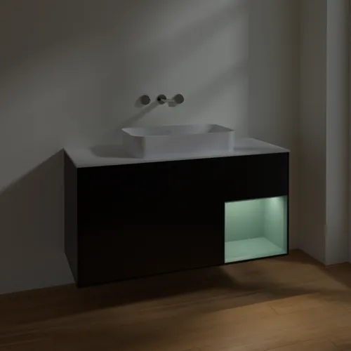 VILLEROY BOCH Toaletní skříňka Finion, s osvětlením, 3 výsuvy, 1200 x 603 x 501 mm, černý matný lak / olivový matný lak / bílé matné sklo #F711GMPD, obrázek 3