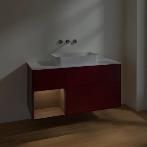 VILLEROY BOCH Toaletní skříňka Finion, s osvětlením, 3 výsuvy, 1200 x 603 x 501 mm, matný lak Peony / ořechová dýha / bílé matné sklo #F701GNHB, obrázek 3