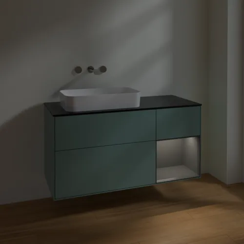 VILLEROY BOCH Toaletní skříňka Finion, s osvětlením, 3 výsuvy, 1200 x 603 x 501 mm, olivový matný lak / antracitový matný lak / černé matné sklo #F692GKGM, obrázek 4