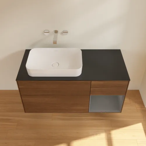 VILLEROY BOCH Toaletní skříňka Finion, s osvětlením, 3 výsuvy, 1200 x 603 x 501 mm, ořechová dýha / antracitový matný lak / černé matné sklo #F692GKGN, obrázek 3