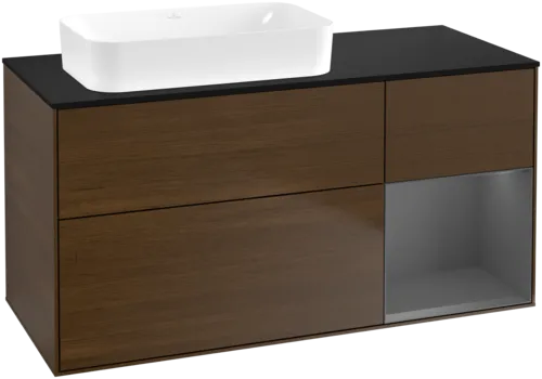VILLEROY BOCH Toaletní skříňka Finion, s osvětlením, 3 výsuvy, 1200 x 603 x 501 mm, ořechová dýha / antracitový matný lak / černé matné sklo #F692GKGN