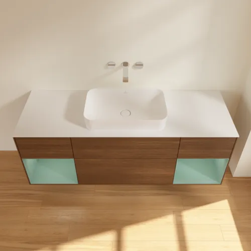 VILLEROY BOCH Toaletní skříňka Finion, s osvětlením, 4 výsuvy, 1600 x 603 x 501 mm, ořechová dýha / olivový matný lak / sklo bílé matné #F741GMGN, obrázek 4