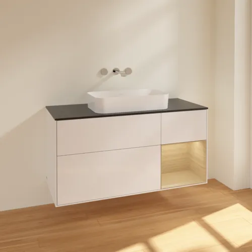 VILLEROY BOCH Toaletní skříňka Finion, s osvětlením, 3 výsuvy, 1200 x 603 x 501 mm, lesklý bílý lak / dubová dýha / černé matné sklo #F712PCGF, obrázek 2