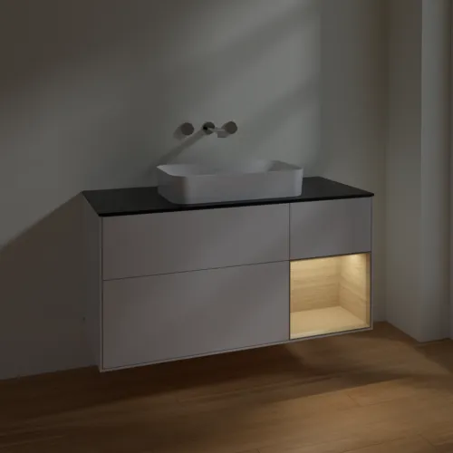 VILLEROY BOCH Toaletní skříňka Finion, s osvětlením, 3 výsuvy, 1200 x 603 x 501 mm, lesklý bílý lak / dubová dýha / černé matné sklo #F712PCGF, obrázek 4