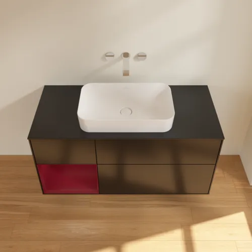 VILLEROY BOCH Toaletní skříňka Finion, s osvětlením, 3 výsuvy, 1200 x 603 x 501 mm, černý matný lak / pivoňkový matný lak / černé matné sklo #F702HBPD, obrázek 3