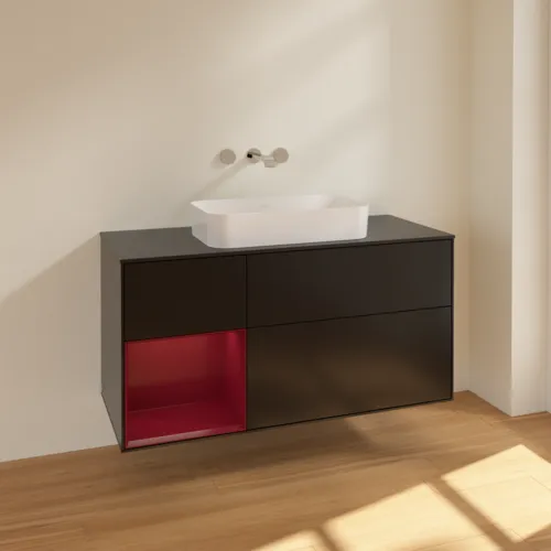 VILLEROY BOCH Toaletní skříňka Finion, s osvětlením, 3 výsuvy, 1200 x 603 x 501 mm, černý matný lak / pivoňkový matný lak / černé matné sklo #F702HBPD, obrázek 2