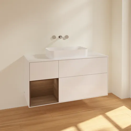 VILLEROY BOCH Toaletní skříňka Finion, s osvětlením, 3 výsuvy, 1200 x 603 x 501 mm, lesklý bílý lak / ořechová dýha / sklo bílé matné #F701GNGF, obrázek 2