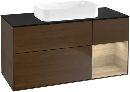 VILLEROY BOCH Toaletní skříňka Finion, s osvětlením, 3 výsuvy, 1200 x 603 x 501 mm, ořechová dýha / dubová dýha / sklo černé matné #F712PCGN