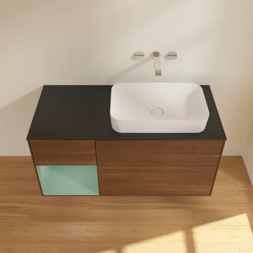 VILLEROY BOCH Toaletní skříňka Finion, s osvětlením, 3 výsuvy, 1200 x 603 x 501 mm, ořechová dýha / olivově matný lak / sklo černé matné #F682GMGN, obrázek 2