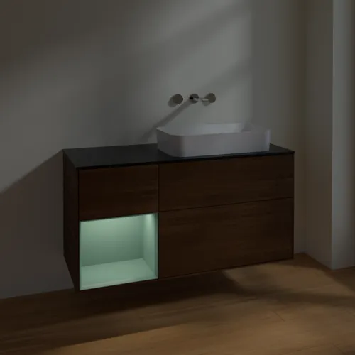 VILLEROY BOCH Toaletní skříňka Finion, s osvětlením, 3 výsuvy, 1200 x 603 x 501 mm, ořechová dýha / olivově matný lak / sklo černé matné #F682GMGN, obrázek 3