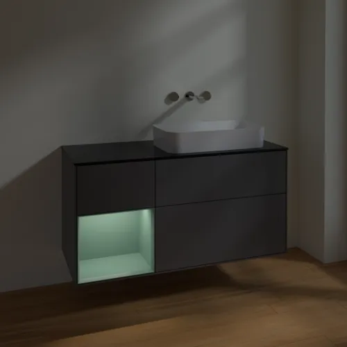 VILLEROY BOCH Toaletní skříňka Finion, s osvětlením, 3 výsuvy, 1200 x 603 x 501 mm, antracitový matný lak / olivový matný lak / černé matné sklo #F682GMGK, obrázek 4
