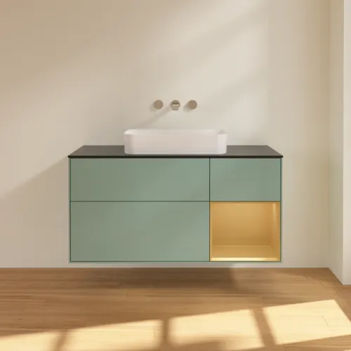 VILLEROY BOCH Toaletní skříňka Finion, s osvětlením, 3 výsuvy, 1200 x 603 x 501 mm, olivový matný lak / zlatý matný lak / černé matné sklo #F712HFGM, obrázek 2