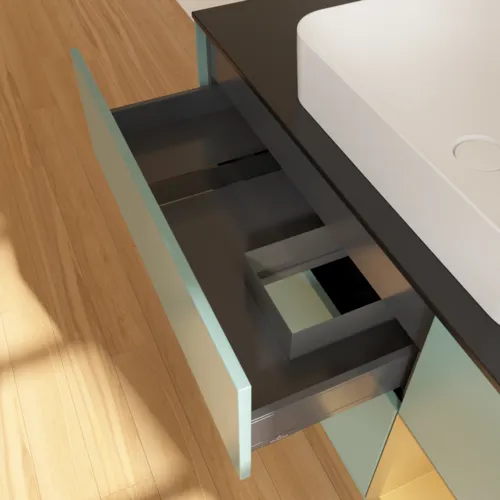 VILLEROY BOCH Toaletní skříňka Finion, s osvětlením, 3 výsuvy, 1200 x 603 x 501 mm, olivový matný lak / zlatý matný lak / černé matné sklo #F712HFGM, obrázek 4