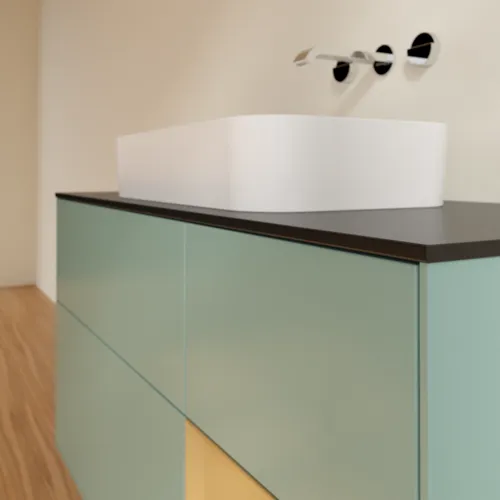 VILLEROY BOCH Toaletní skříňka Finion, s osvětlením, 3 výsuvy, 1200 x 603 x 501 mm, olivový matný lak / zlatý matný lak / černé matné sklo #F712HFGM, obrázek 3