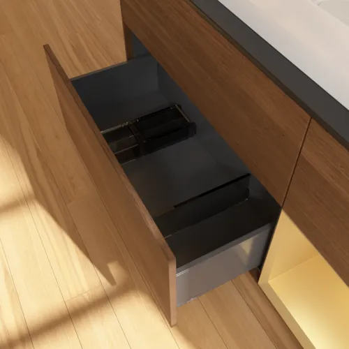 VILLEROY BOCH Toaletní skříňka Finion, s osvětlením, 3 výsuvy, 1200 x 603 x 501 mm, ořechová dýha / zlatý matný lak / černé matné sklo #F712HFGN, obrázek 5