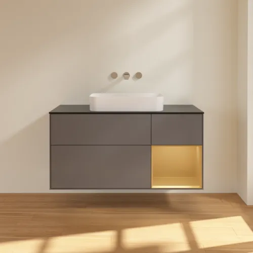 VILLEROY BOCH Toaletní skříňka Finion, s osvětlením, 3 výsuvy, 1200 x 603 x 501 mm, antracit matný lak / zlatý matný lak / černé matné sklo #F712HFGK, obrázek 3