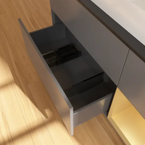 VILLEROY BOCH Toaletní skříňka Finion, s osvětlením, 3 výsuvy, 1200 x 603 x 501 mm, antracit matný lak / zlatý matný lak / černé matné sklo #F712HFGK, obrázek 5