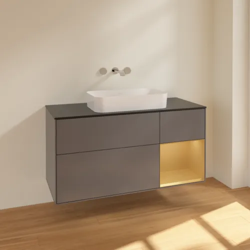 VILLEROY BOCH Toaletní skříňka Finion, s osvětlením, 3 výsuvy, 1200 x 603 x 501 mm, antracit matný lak / zlatý matný lak / černé matné sklo #F712HFGK, obrázek 2