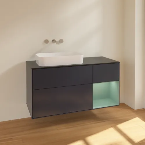 VILLEROY BOCH Toaletní skříňka Finion, s osvětlením, 3 výsuvy, 1200 x 603 x 501 mm, Midnight Blue Matt Lacquer / Olive Matt Lacquer / Glass Black Matt #F692GMHG, obrázek 2