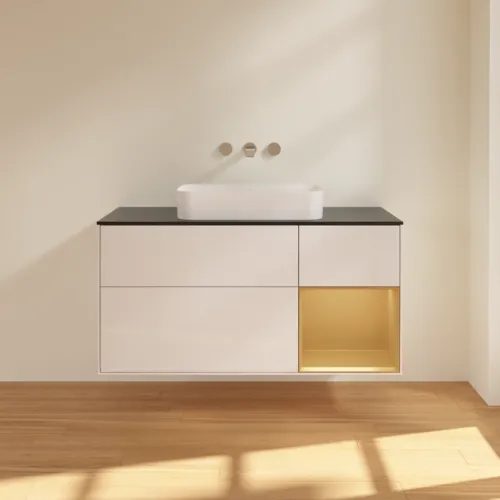VILLEROY BOCH Toaletní skříňka Finion, s osvětlením, 3 výsuvy, 1200 x 603 x 501 mm, lesklý bílý lak / zlatý matný lak / černé matné sklo #F712HFGF, obrázek 2