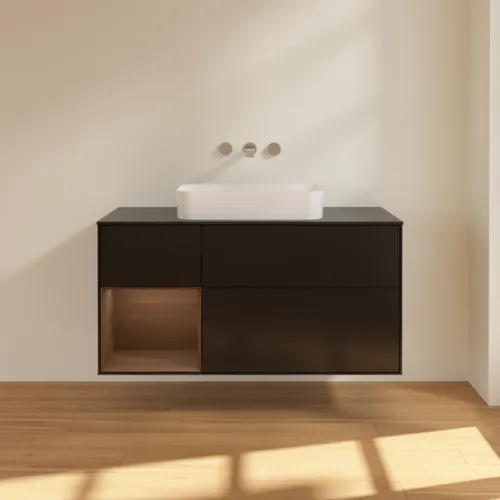 VILLEROY BOCH Toaletní skříňka Finion, s osvětlením, 3 výsuvy, 1200 x 603 x 501 mm, černý matný lak / ořechová dýha / černé matné sklo #F702GNPD, obrázek 2