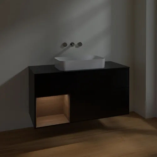 VILLEROY BOCH Toaletní skříňka Finion, s osvětlením, 3 výsuvy, 1200 x 603 x 501 mm, černý matný lak / ořechová dýha / černé matné sklo #F702GNPD, obrázek 3