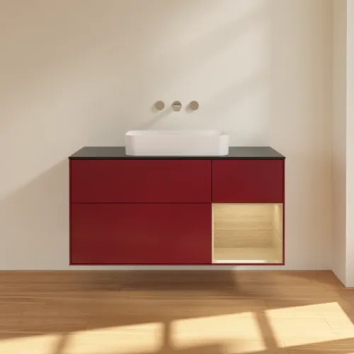 VILLEROY BOCH Toaletní skříňka Finion, s osvětlením, 3 výsuvy, 1200 x 603 x 501 mm, matný lak Peony / dubová dýha / černé matné sklo #F712PCHB, obrázek 2