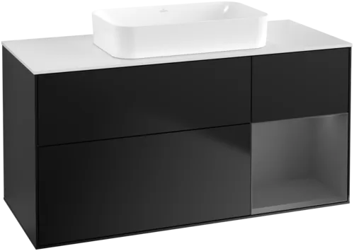 VILLEROY BOCH Toaletní skříňka Finion, s osvětlením, 3 výsuvy, 1200 x 603 x 501 mm, černý matný lak / antracitový matný lak / bílé matné sklo #F711GKPD