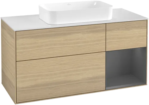 VILLEROY BOCH Toaletní skříňka Finion, s osvětlením, 3 výsuvy, 1200 x 603 x 501 mm, dubová dýha / antracitový matný lak / bílé matné sklo #F711GKPC
