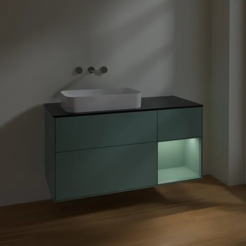 VILLEROY BOCH Toaletní skříňka Finion, s osvětlením, 3 výsuvy, 1200 x 603 x 501 mm, olivově matný lak / olivově matný lak / sklo černé matné #F692GMGM, obrázek 4