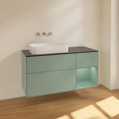 VILLEROY BOCH Toaletní skříňka Finion, s osvětlením, 3 výsuvy, 1200 x 603 x 501 mm, olivově matný lak / olivově matný lak / sklo černé matné #F692GMGM, obrázek 2