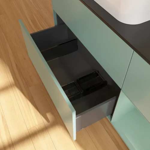 VILLEROY BOCH Toaletní skříňka Finion, s osvětlením, 3 výsuvy, 1200 x 603 x 501 mm, olivově matný lak / olivově matný lak / sklo černé matné #F692GMGM, obrázek 5